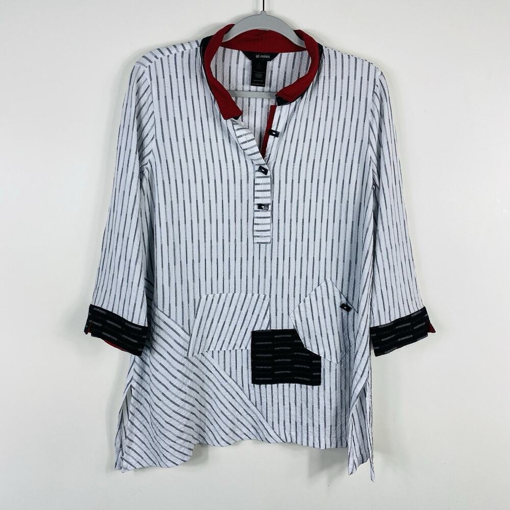 Ali Miles Size Small Textured Striped Art To Wear Tunic Top White Black Red